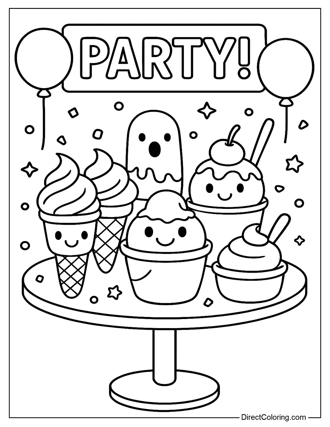 Coloring page of a round table filled with different types of ice cream, with balloons, a “PARTY!” sign
